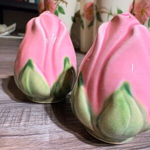 Franciscan Desert Rose Vintages Pink & Green Rosebud Salt and Pepper Shaker set